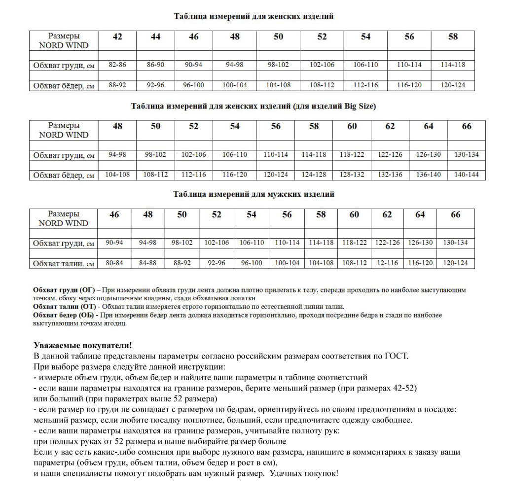 Таблица размеров